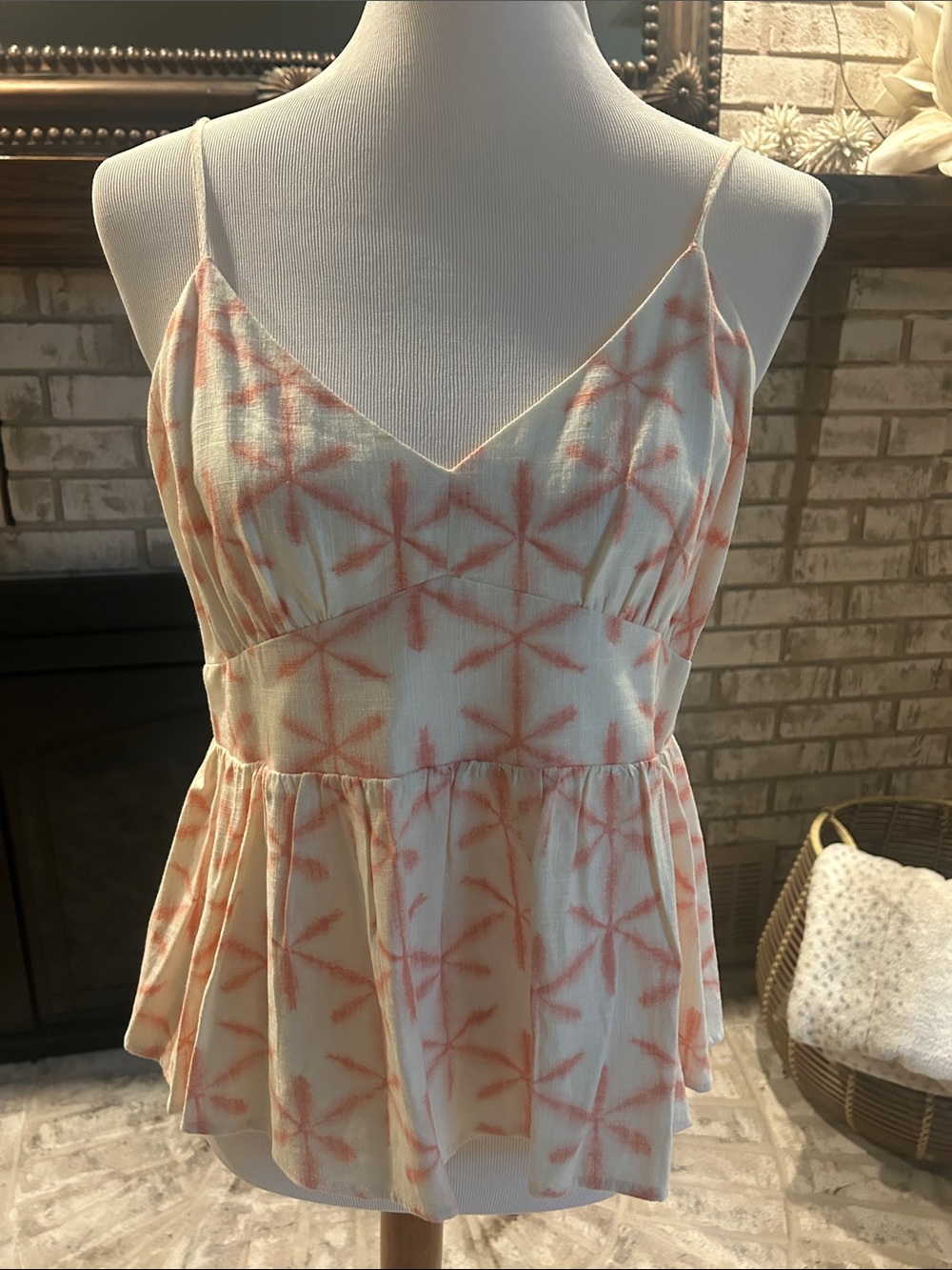 LOFT Cream and Coral Striped Starburst Peplum Cami